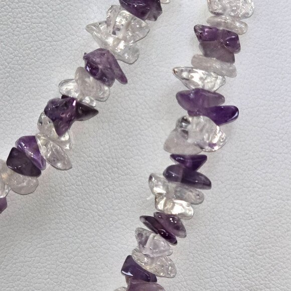 Amethyst & Clear Quartz Chip Bead Necklace Double Strand 24" HS188 - Picture 5 of 8